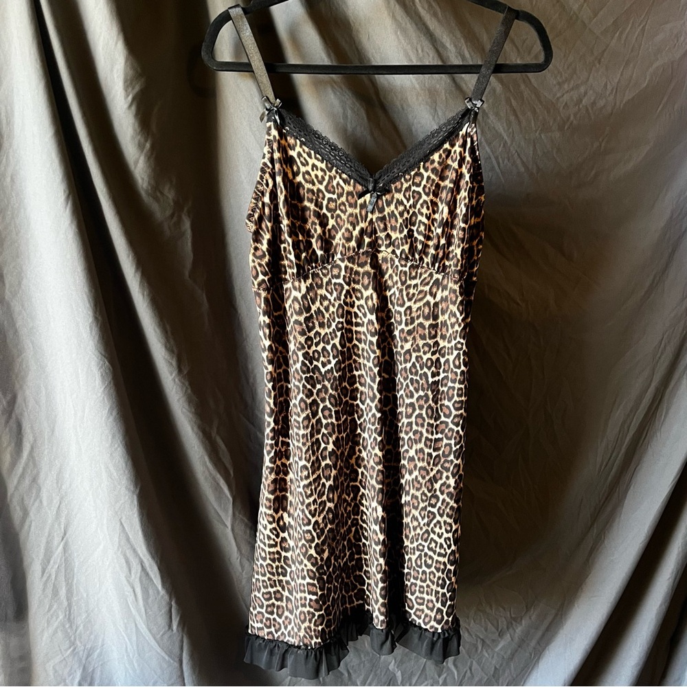 Slip Dress Womens Size 1x Cheetah Print Lace Trim Adjustable Strap Lingerie Y2K